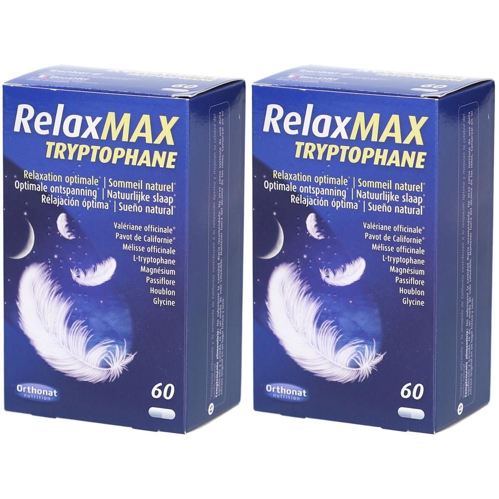 Twee verpakkingen RelaxMAX Tryptofaan, elk 60 capsules.