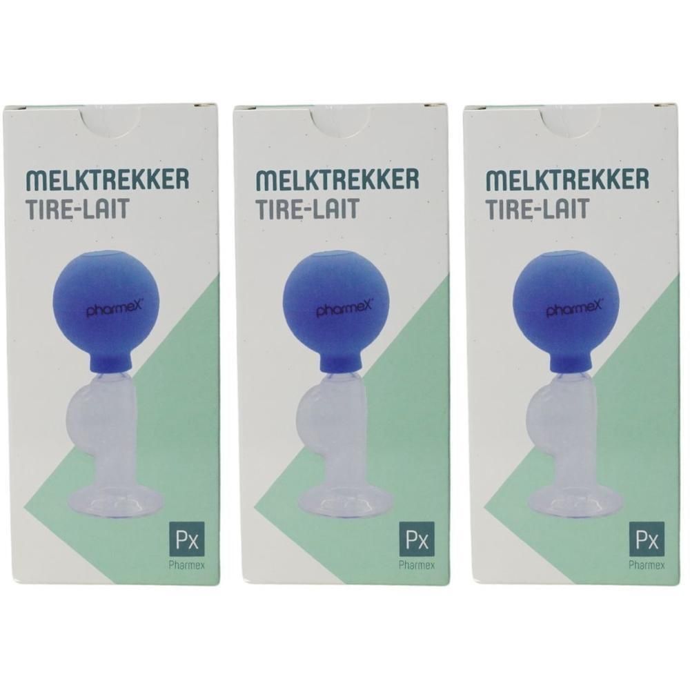 Trois paquets de tire-lait avec bulbe d'aspiration bleu et récipient transparent. Logo Pharmex visible.