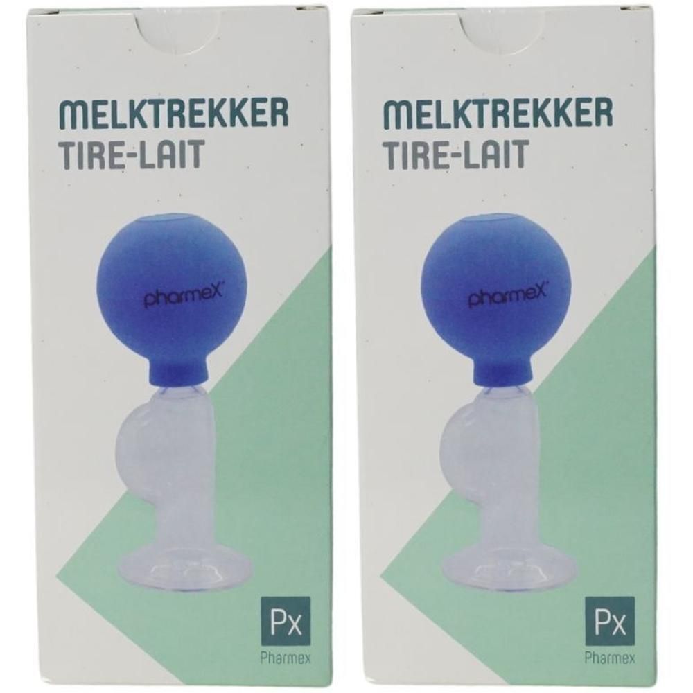 Deux emballages de tire-lait avec un bulbe bleu et un récipient blanc. Marque Pharmex.