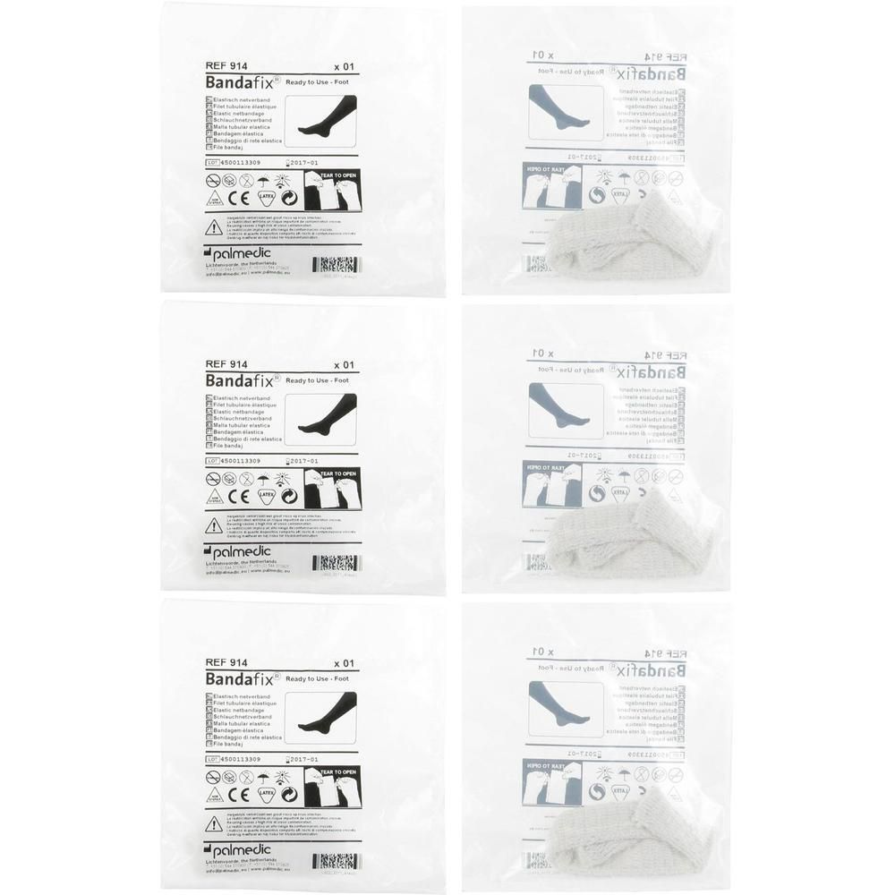Six bandages pour pieds emballés individuellement, REF 914. Chaque paquet contient un bandage noir et des informations.