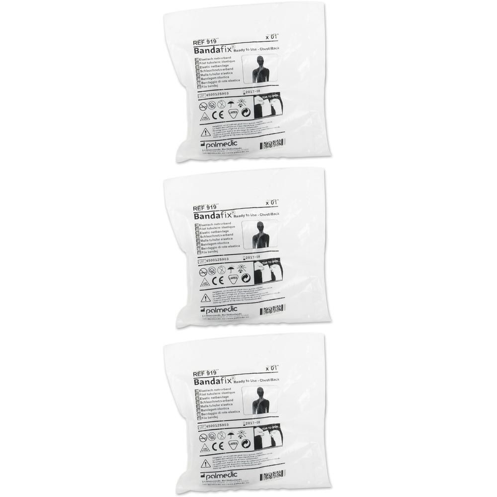 Drie individueel verpakte borstbandages. Elke verpakking toont gebruiksinstructies en productinformatie.