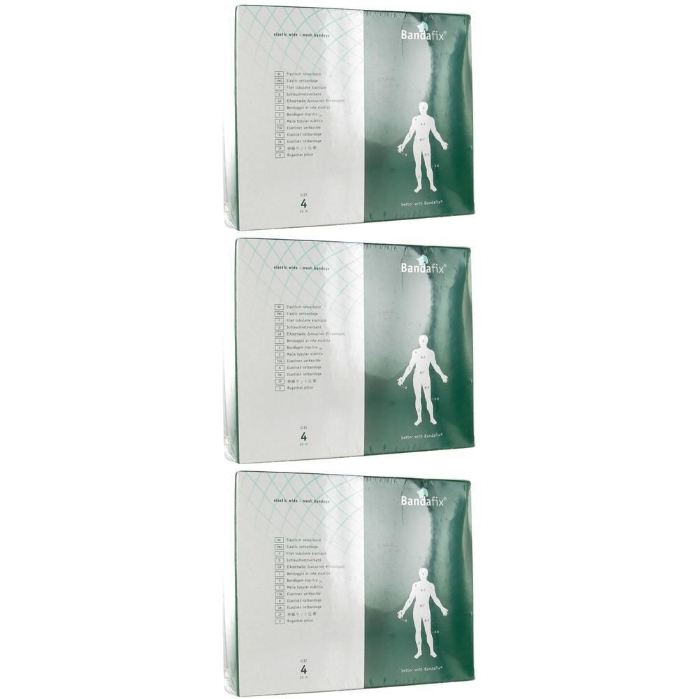 Drie verpakkingen Bandafix T4, bandage voor dij en schouder. Groen-witte verpakking met menselijke silhouet.