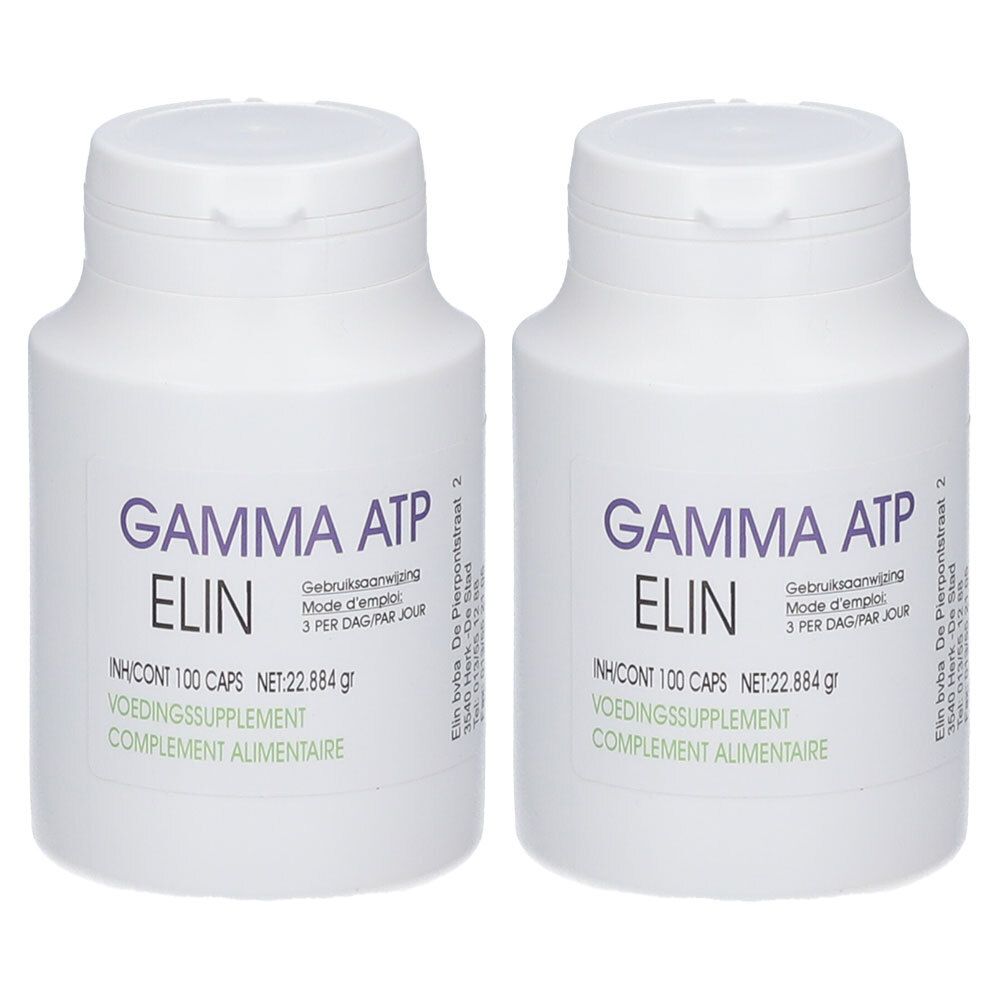 Deux contenants blancs de capsules Gamma ATP ELIN. Contient 100 capsules par contenant.