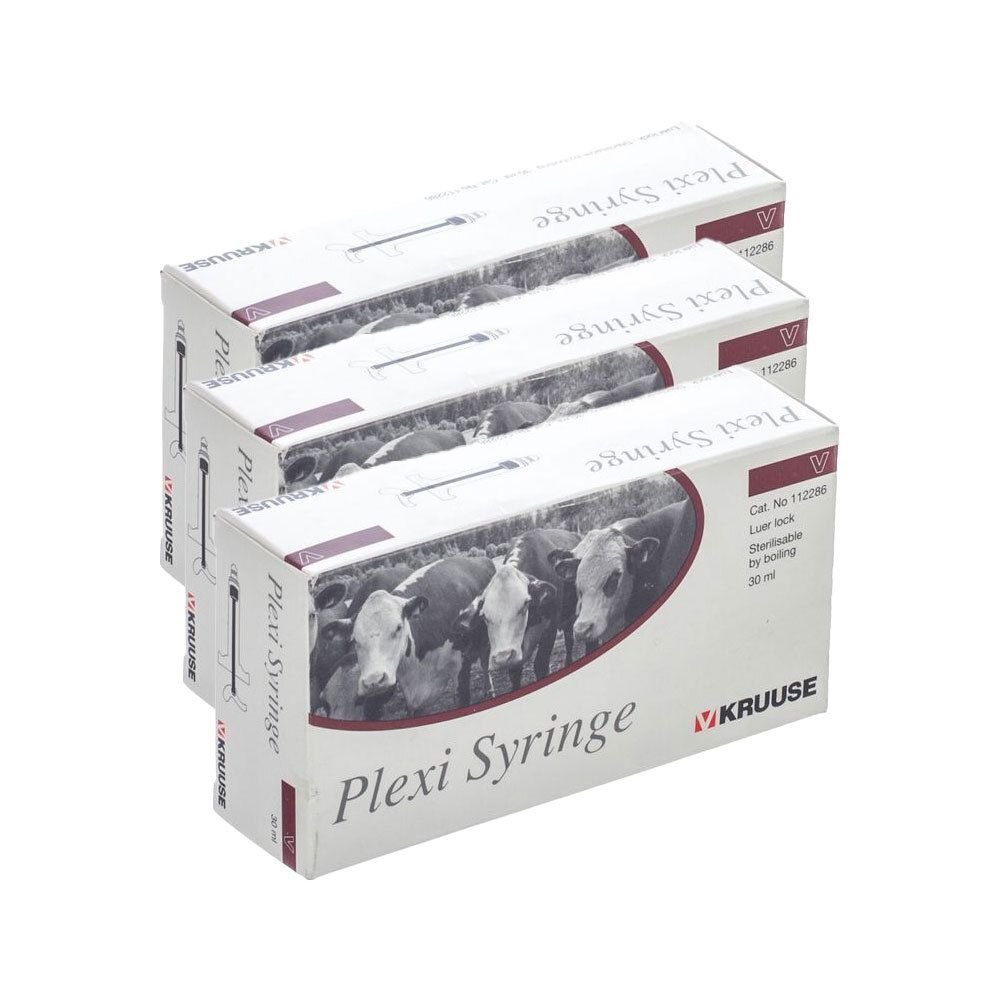 Drie verpakkingen Plexi Syringe, 30 ml, voor veterinair gebruik. Met afbeelding van vee en Kruuse-logo.