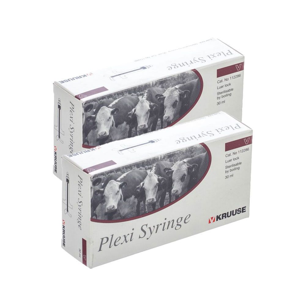 Deux boîtes de Plexi Syringe, 30 ml, usage vétérinaire. Image de bovins et logo Kruuse.