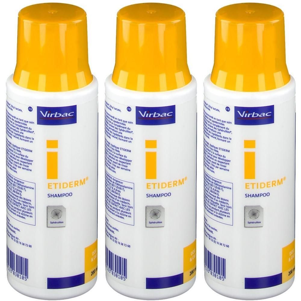Trois flacons de shampooing Virbac Etiderm avec bouchons jaunes.
