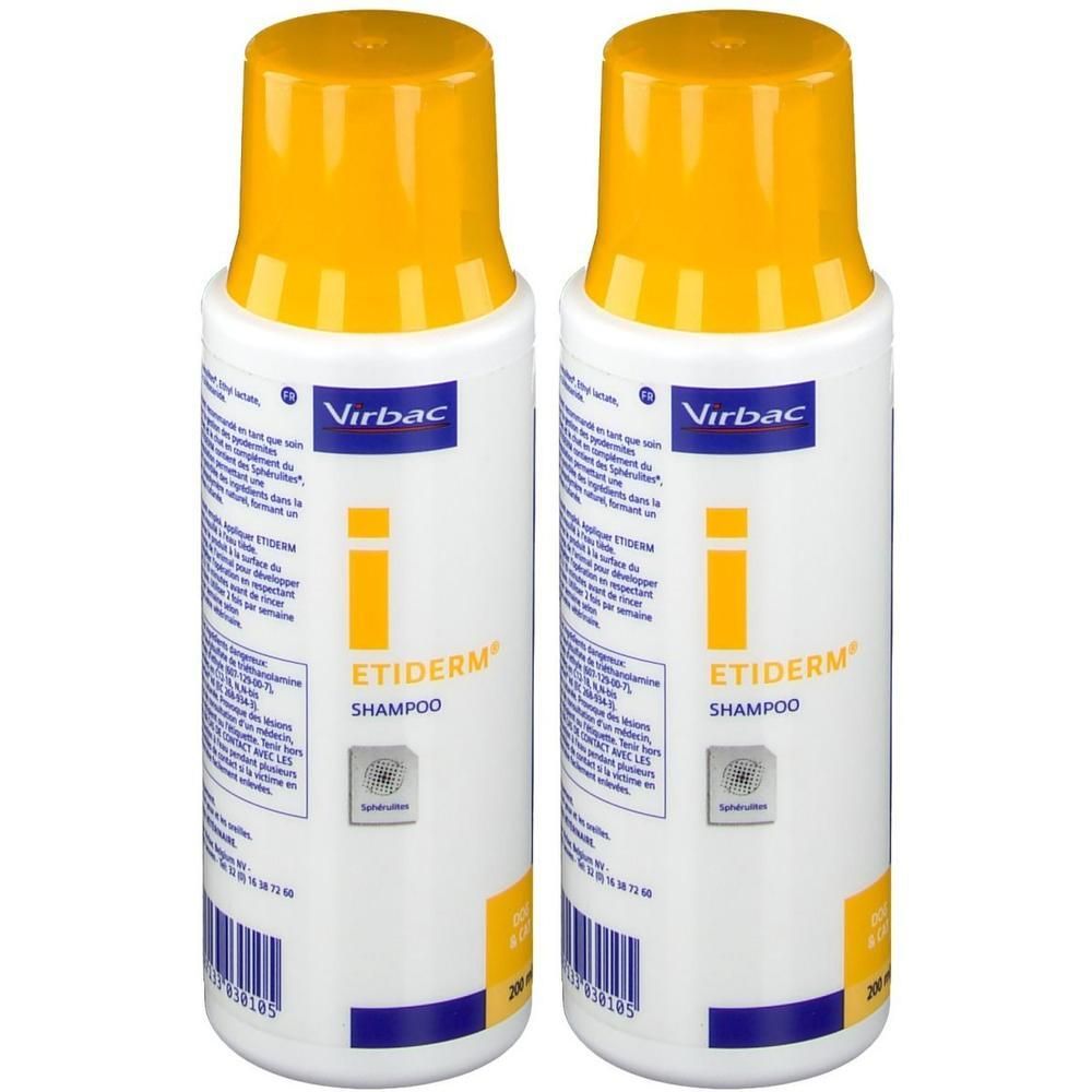 Deux flacons de shampooing Virbac Etiderm avec bouchons jaunes.