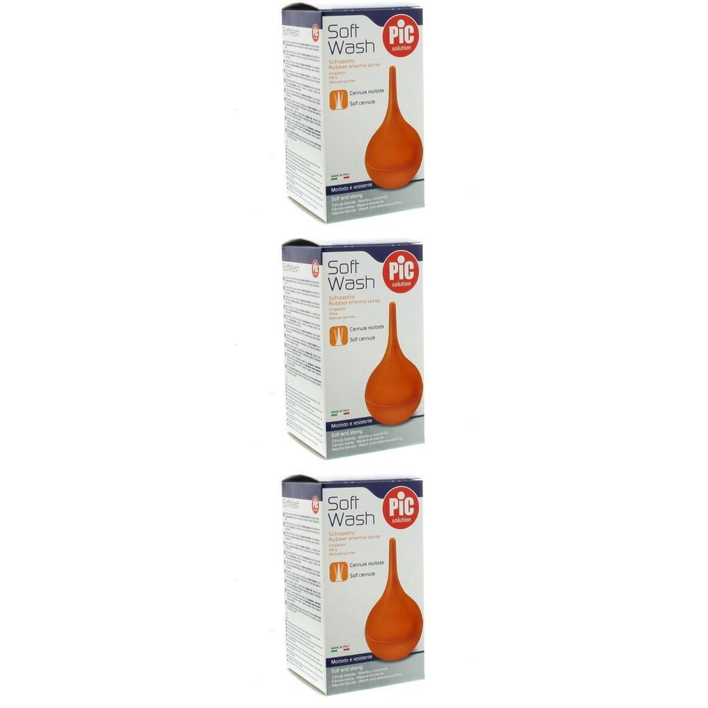 Drie verpakkingen Soft Wash Klysma met PIC logo. Oranje rubberen klysma op witte doos.
