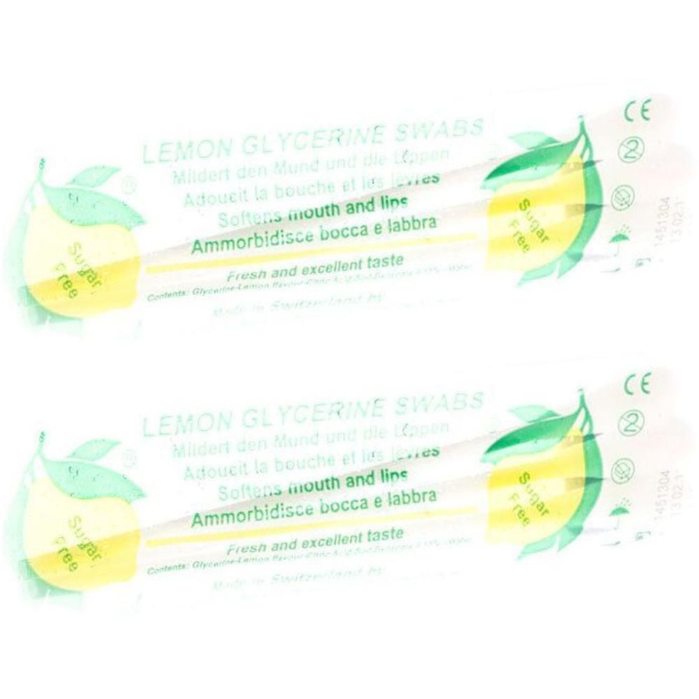 Coton-tige glycérine citron, sans sucre. Deux cotons-tiges emballés individuellement avec citron.