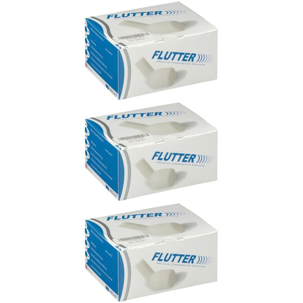 Trois appareils de vibration et de respiration Flutter dans leurs emballages.
