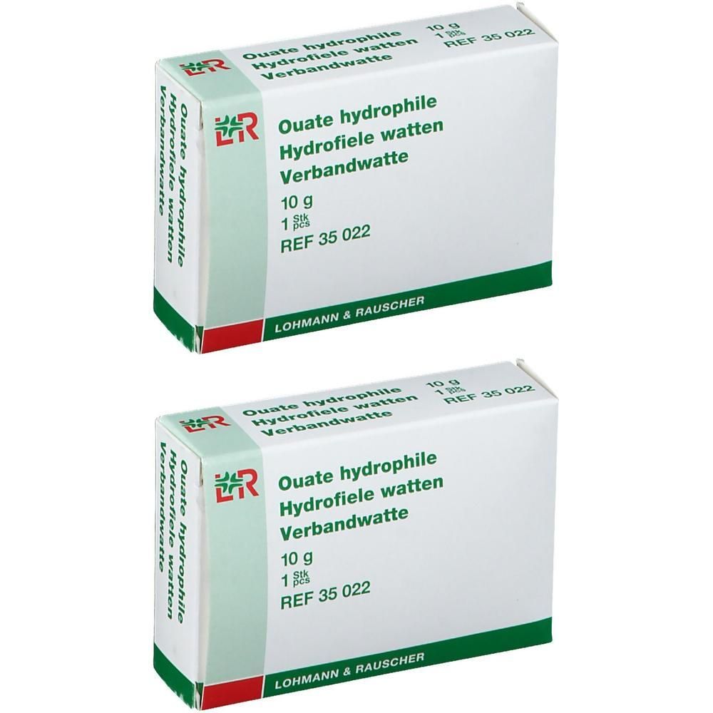 Deux boîtes de ouate hydrophile, 10g, REF 35 022. Marque: Lohmann & Rauscher.