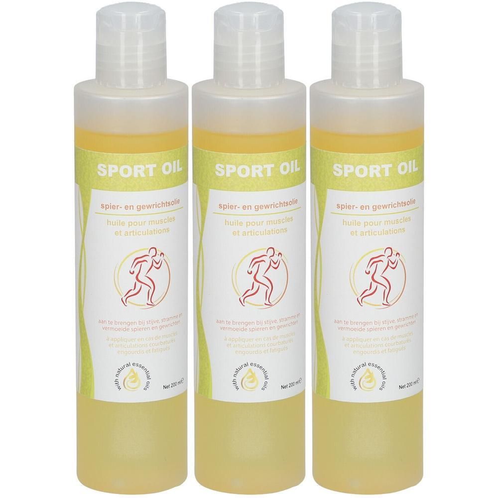 Trois bouteilles d'huile de sport avec symbole de coureur. Liquide jaune.