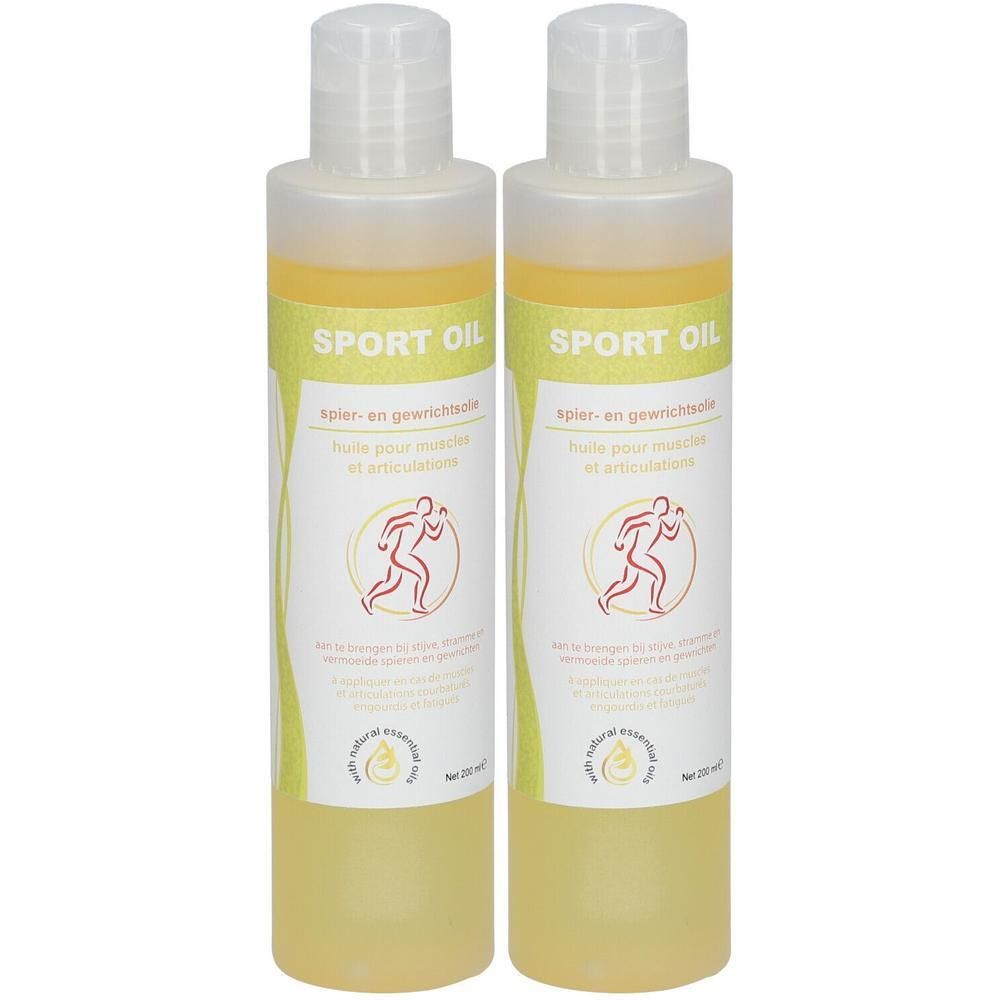 Deux bouteilles d'huile de sport avec des étiquettes montrant des coureurs. Liquide jaune.