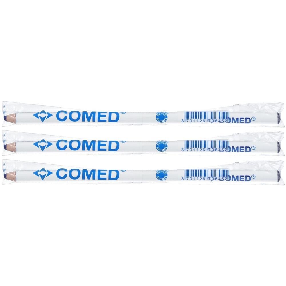 Trois crayons bleus emballés individuellement avec inscription COMED.
