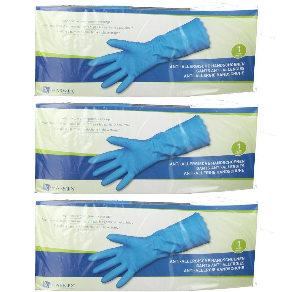Drie pakken blauwe, anti-allergische handschoenen met lange manchet.