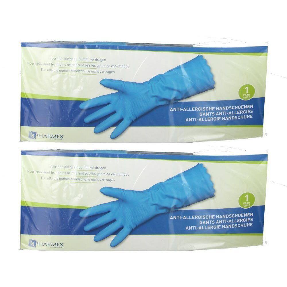 Twee pakken blauwe wegwerphandschoenen, één hand is zichtbaar.