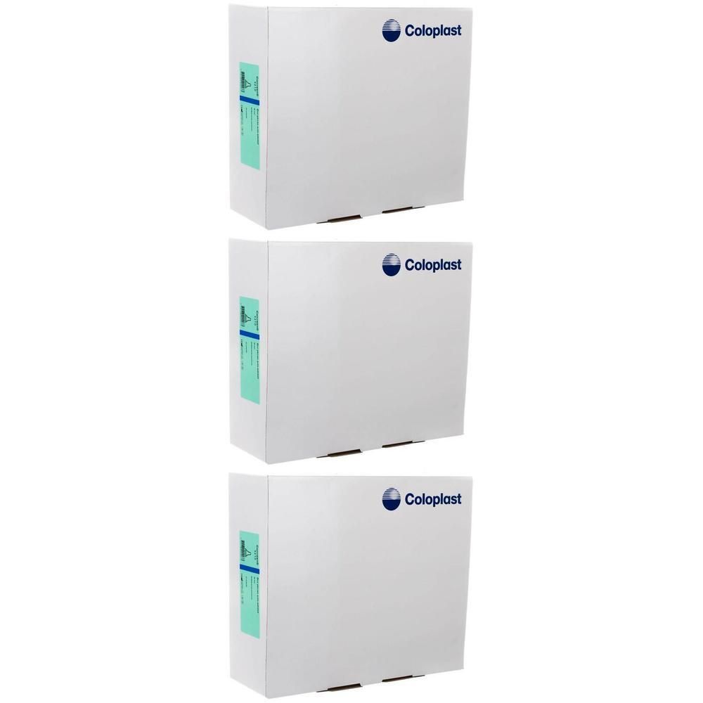 Trois boîtes Coloplast blanches, empilées les unes sur les autres. Chaque boîte a un logo bleu et une marque latérale verte.