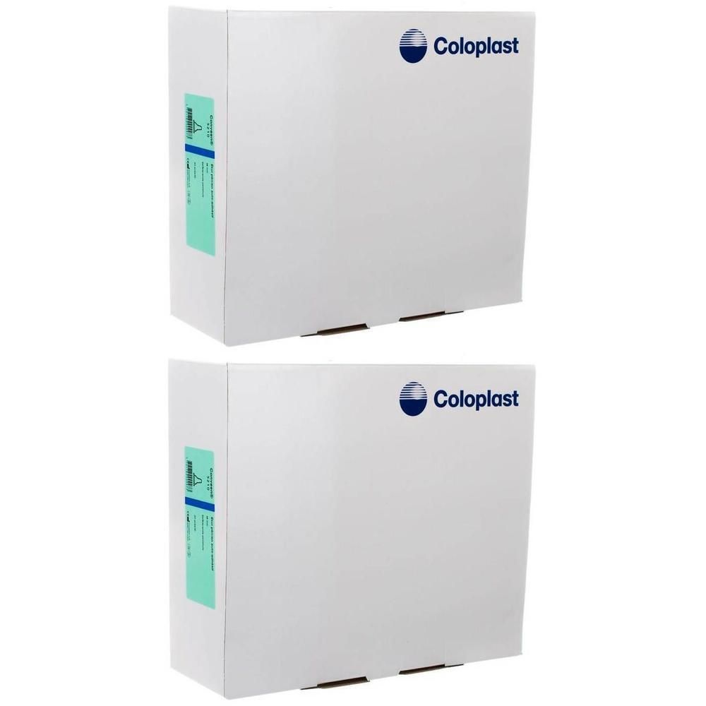 Twee witte Coloplast-dozen met blauw logo, op elkaar gestapeld.