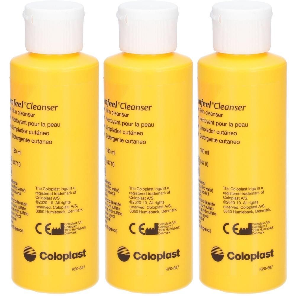 Trois flacons jaunes Comfeel Cleanser avec bouchons blancs. Étiquetage en français, allemand, italien et néerlandais.