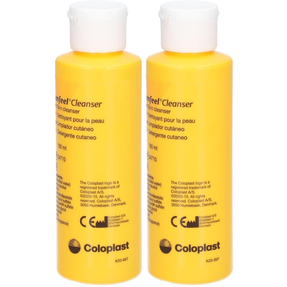Deux flacons jaunes Comfeel Cleanser avec bouchons blancs. Contient un nettoyant pour la peau.