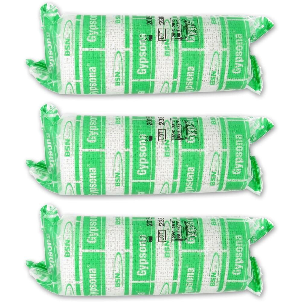 Drie individueel verpakte gipsrollen met groene opdruk.