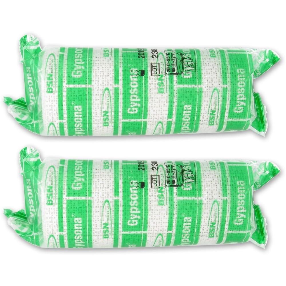 Deux rouleaux de plâtre Gypsona emballés, blancs avec inscription verte.