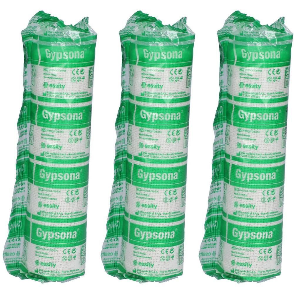 Drie rollen Gypsona gipsverband, individueel verpakt in groen folie met witte opdruk.