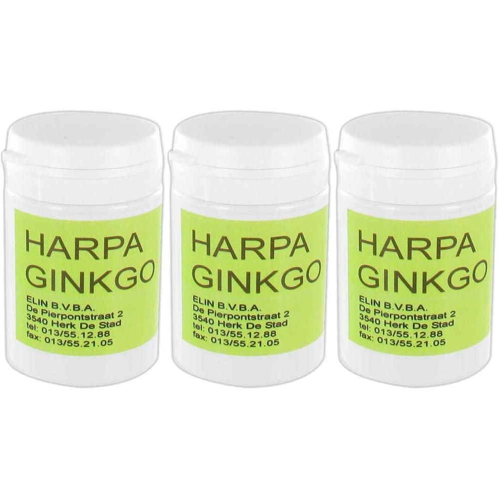 Trois contenants avec étiquettes Harpa Ginkgo, mentionnant ELIN B.V.B.A.