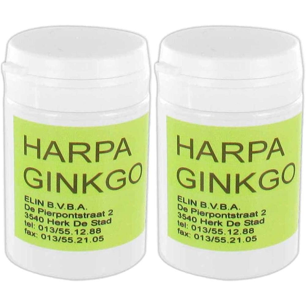 Deux contenants blancs avec étiquettes vertes indiquant "HARPA GINKGO".