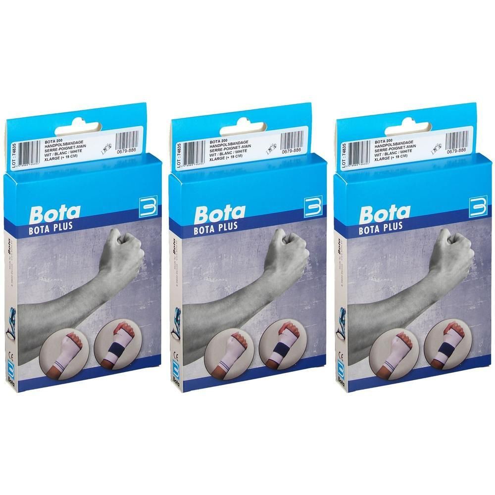 Trois paquets de Bota Plus Wrist Brace en blanc, taille XL. Montre une illustration de bras avec des bandages.