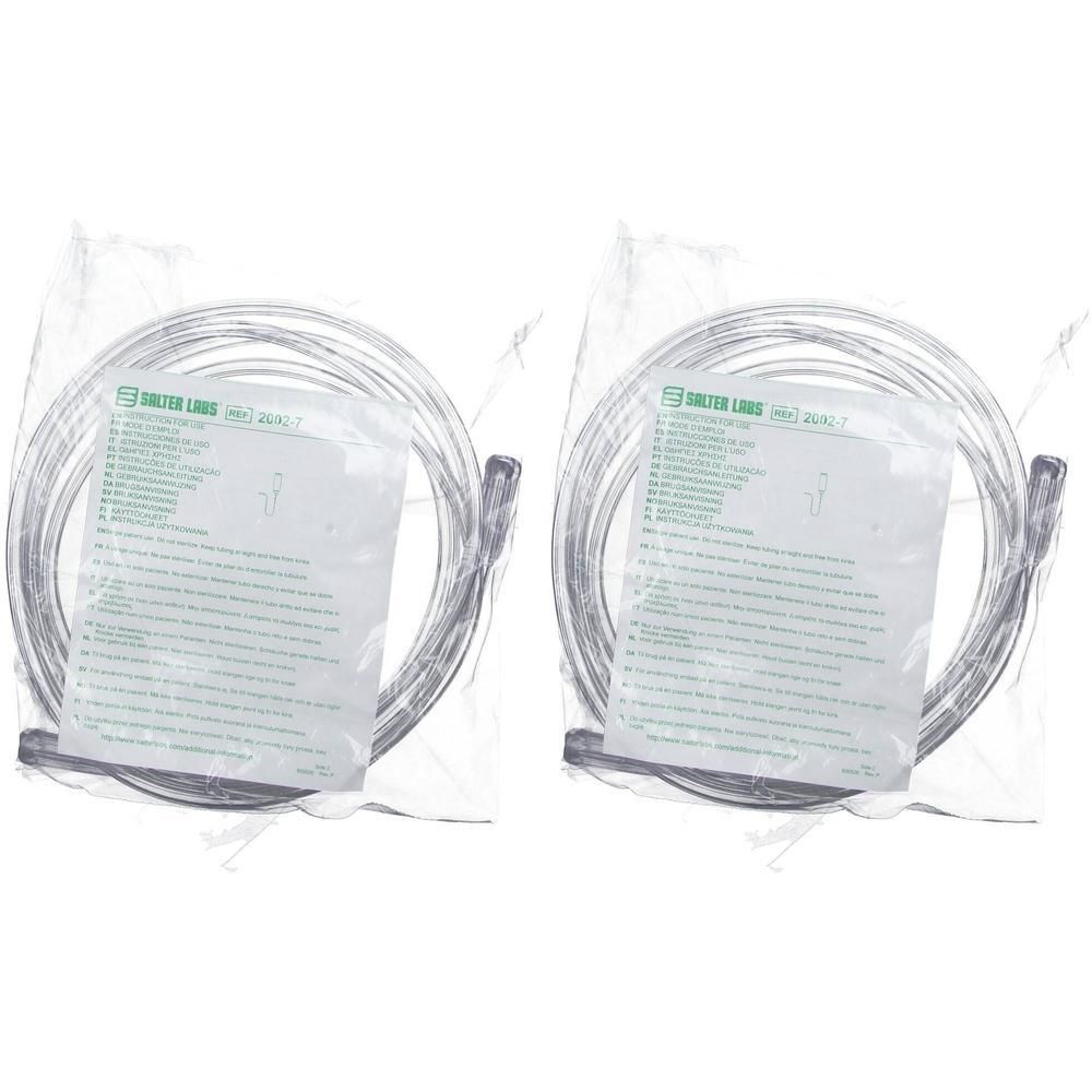 Twee verzegelde plastic zuurstofslangen, elk met instructies.