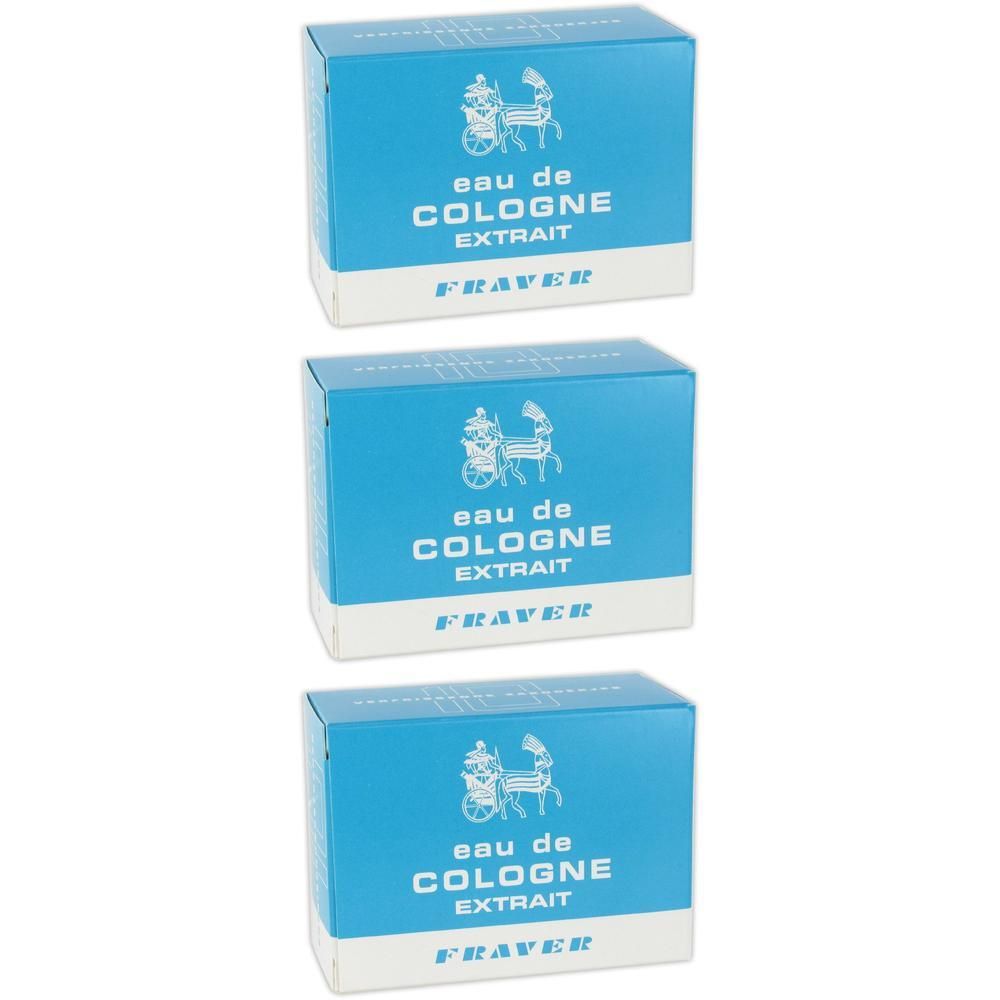 Trois boîtes d'Eau de Cologne Extrait de Fraver, bleues avec inscription blanche et motif de calèche.