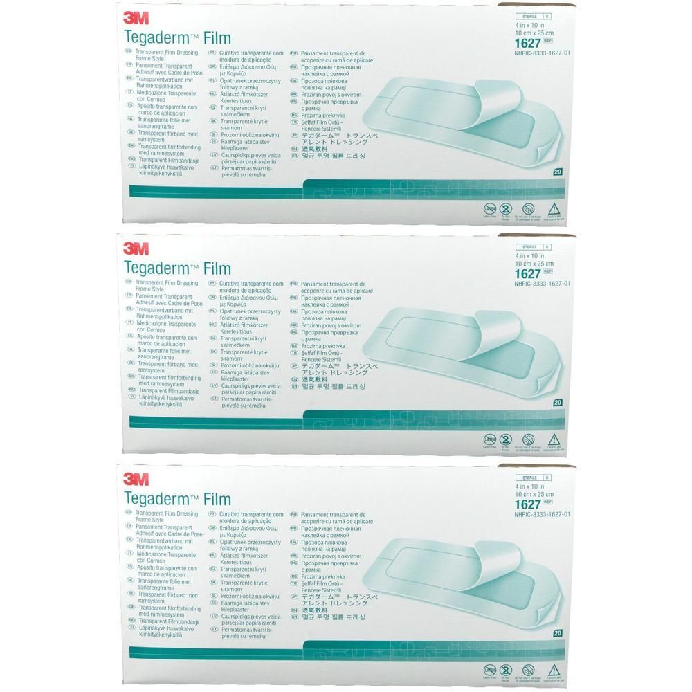 Drie pakken 3M Tegaderm Film, transparante wondverbanden 10cm x 25cm.