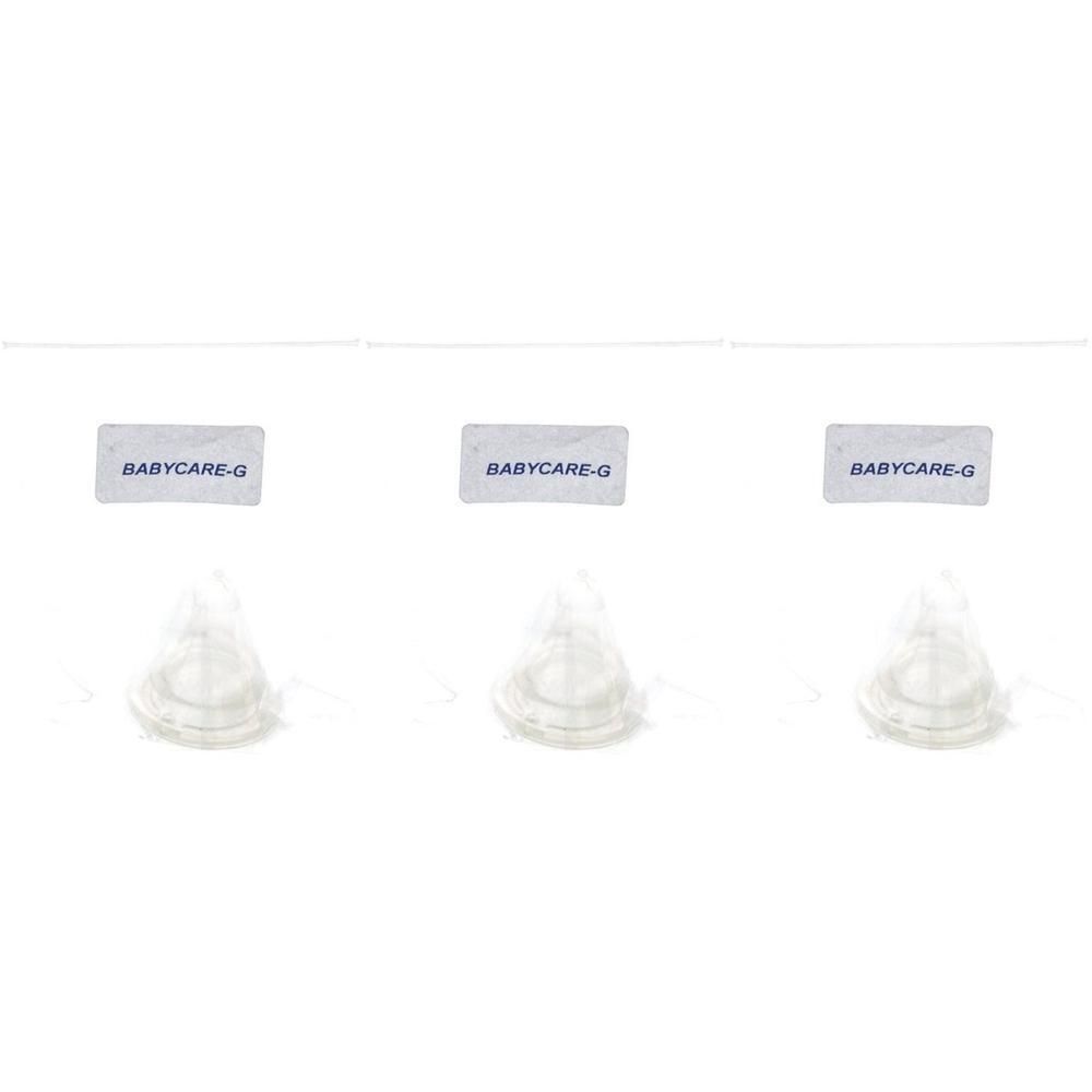 Trois tétines en silicone Babycare-G transparentes, chacune avec une étiquette.