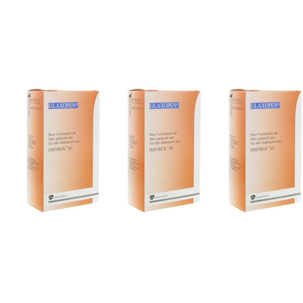 Trois boîtes Glaxopen Imitrex SC avec un design orange.
