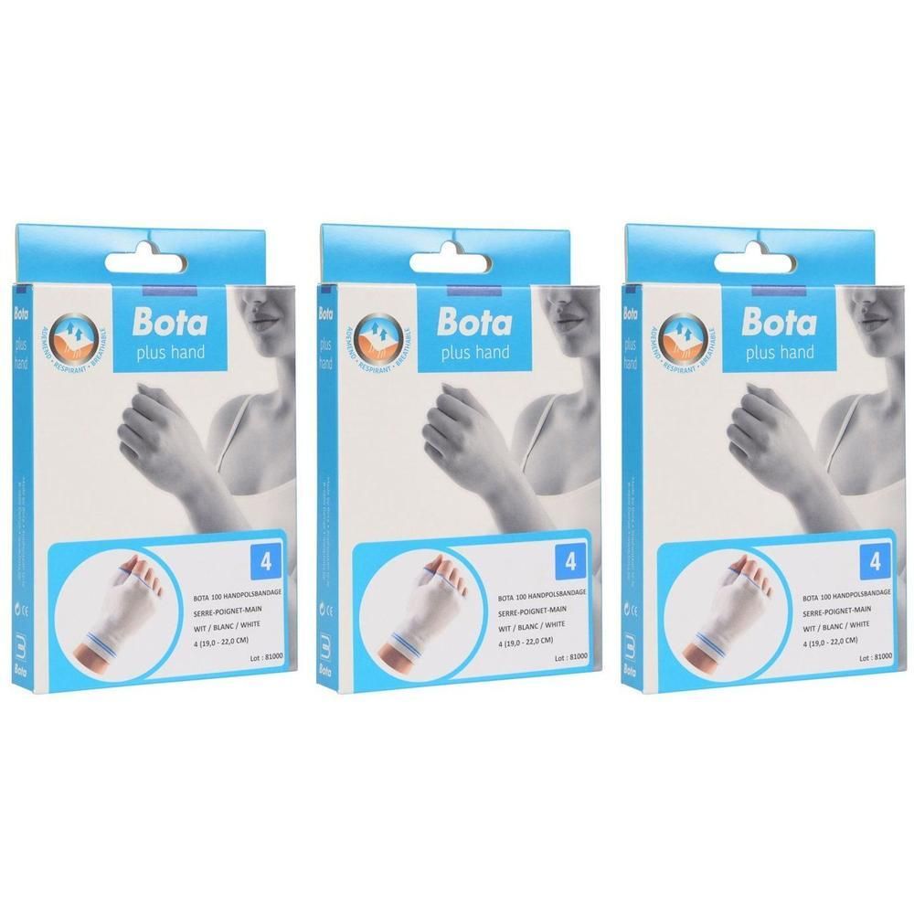 Drie verpakkingen Bota Handpolsband met duim, wit, maat 4.