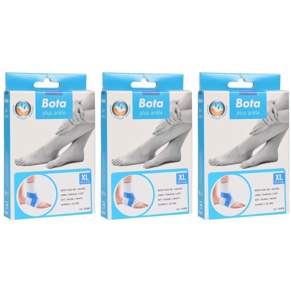 Drie verpakkingen Bota Plus AB Enkelbrace met klittenband links, maat XL, wit.