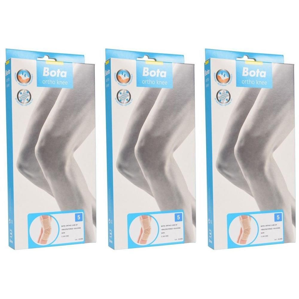 Drie verpakkingen Bota Ortho kniebraces, maat 5, met knieafbeeldingen.