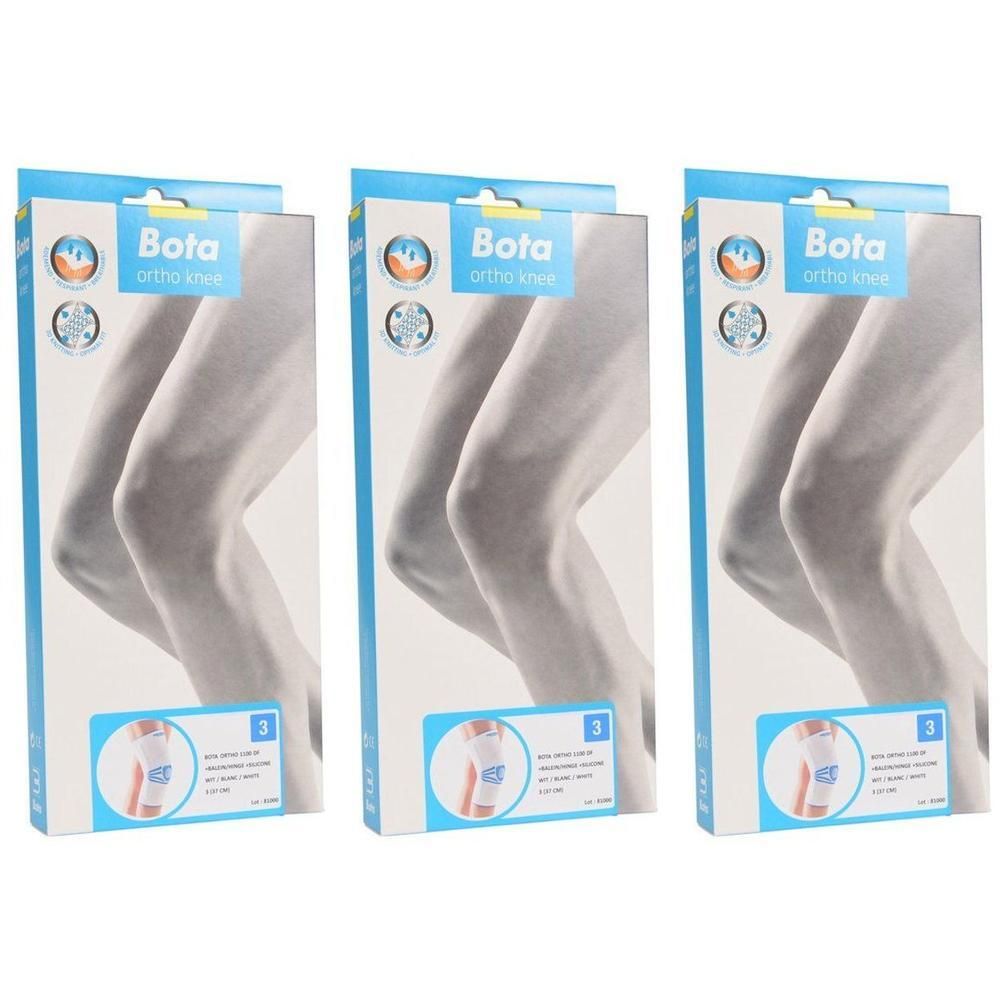 Trois paquets de genouillères Bota Ortho Df 1100. Chaque paquet montre une image de genou et des informations produit.