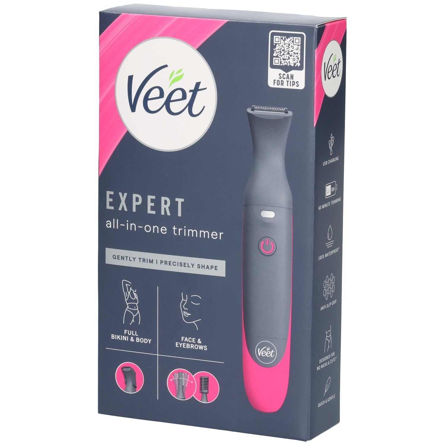 Emballage Veet Expert Tondeuse tout-en-un avec illustrations pour bikini, corps, visage et sourcils.