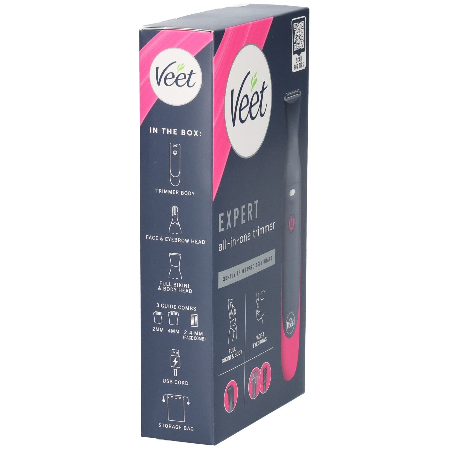 Emballage Veet Expert Tondeuse tout-en-un avec tondeuse, têtes et accessoires illustrés.