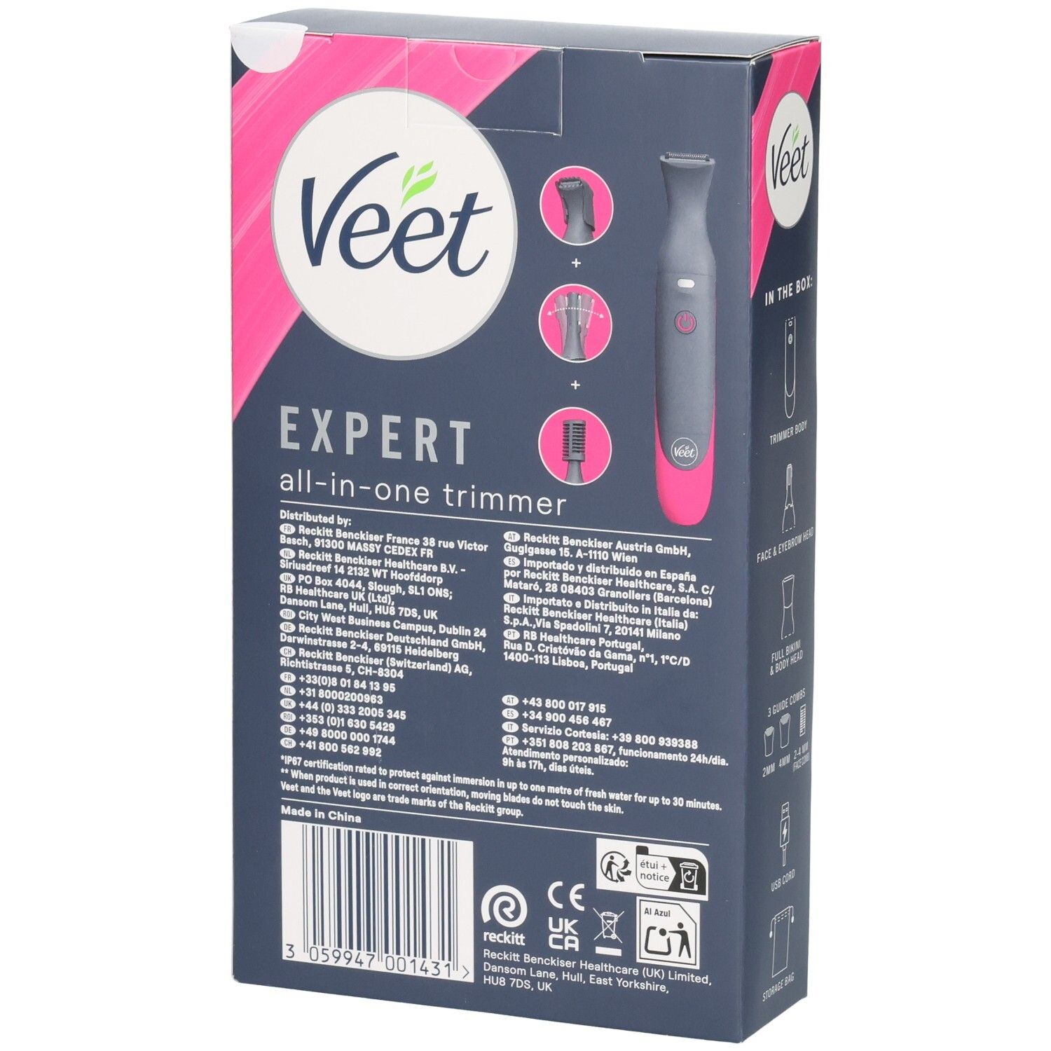 Boîte Veet Expert Tondeuse tout-en-un avec illustrations de l'appareil et des accessoires.