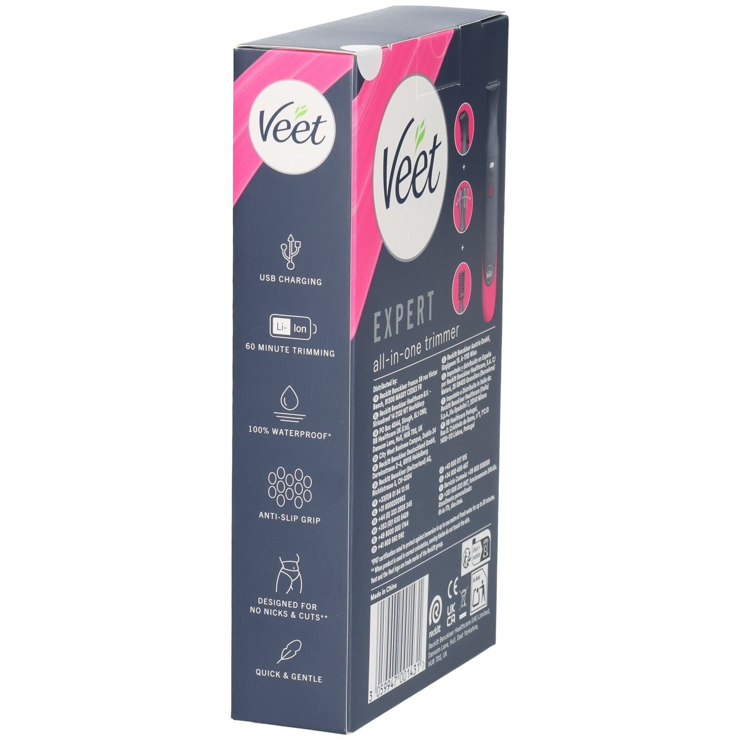 Boîte Veet Expert Tondeuse Tout-en-un. Chargement USB, 60 min d'autonomie, 100% étanche, prise antidérapante.