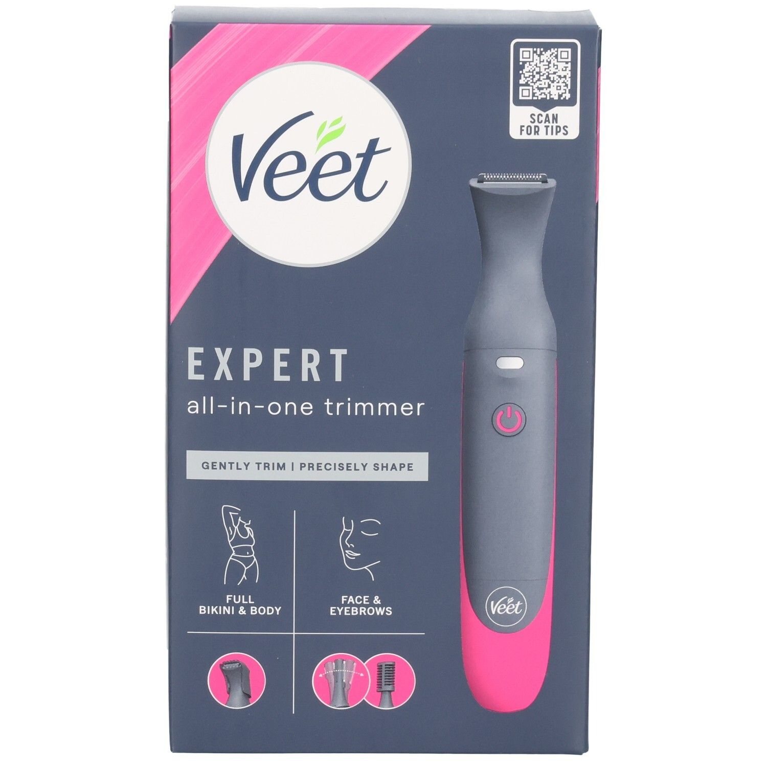Emballage Veet Expert Trimmer Tout-en-un avec un trimmer gris et rose.