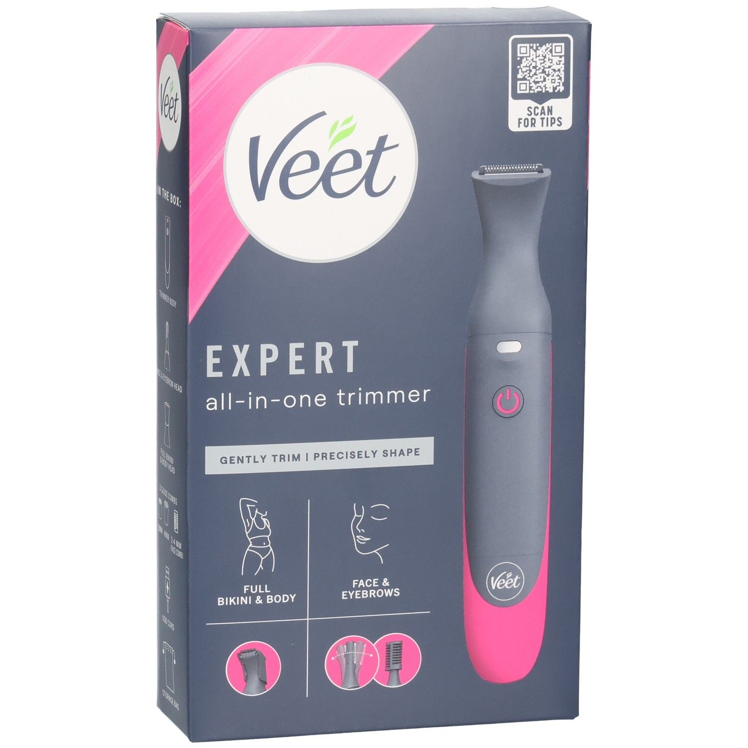 Emballage du taille-crayon tout-en-un Veet Expert, gris et rose, avec illustrations du taille-crayon et zones d'application.