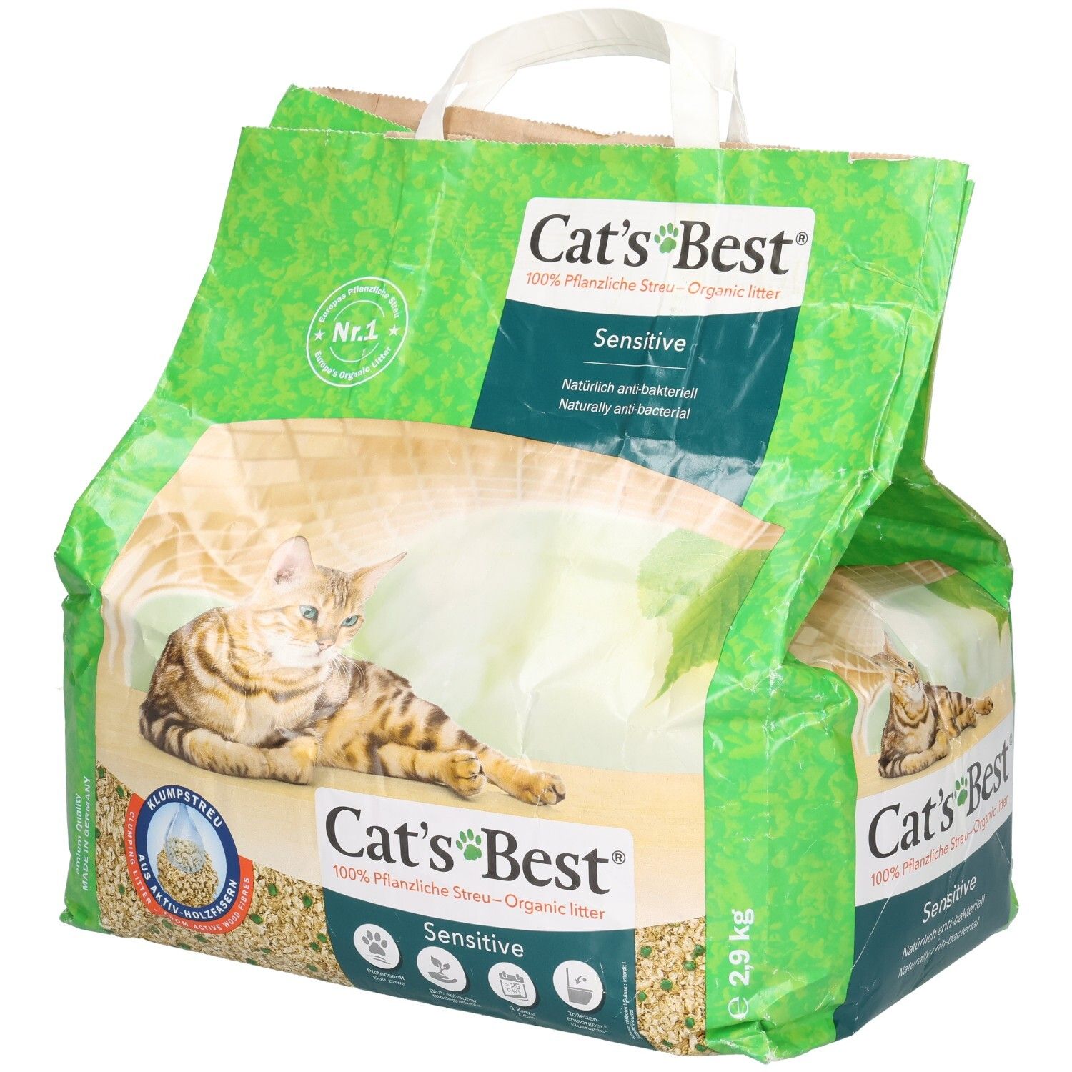 Deux sacs de litière Cat's Best Sensitive, 2,9 kg. Emballage vert avec un chat et des informations produit.