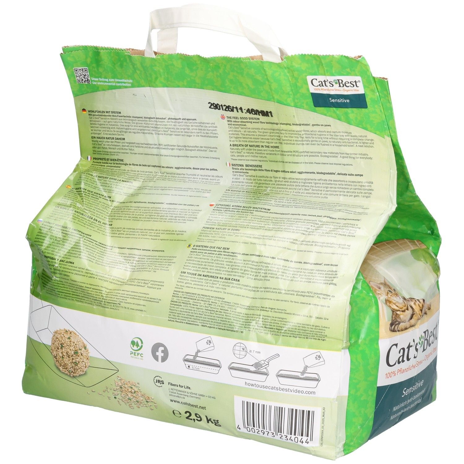 Arrière de l'emballage de litière Cat's Best Sensitive. Montre les instructions d'utilisation et les informations produit.