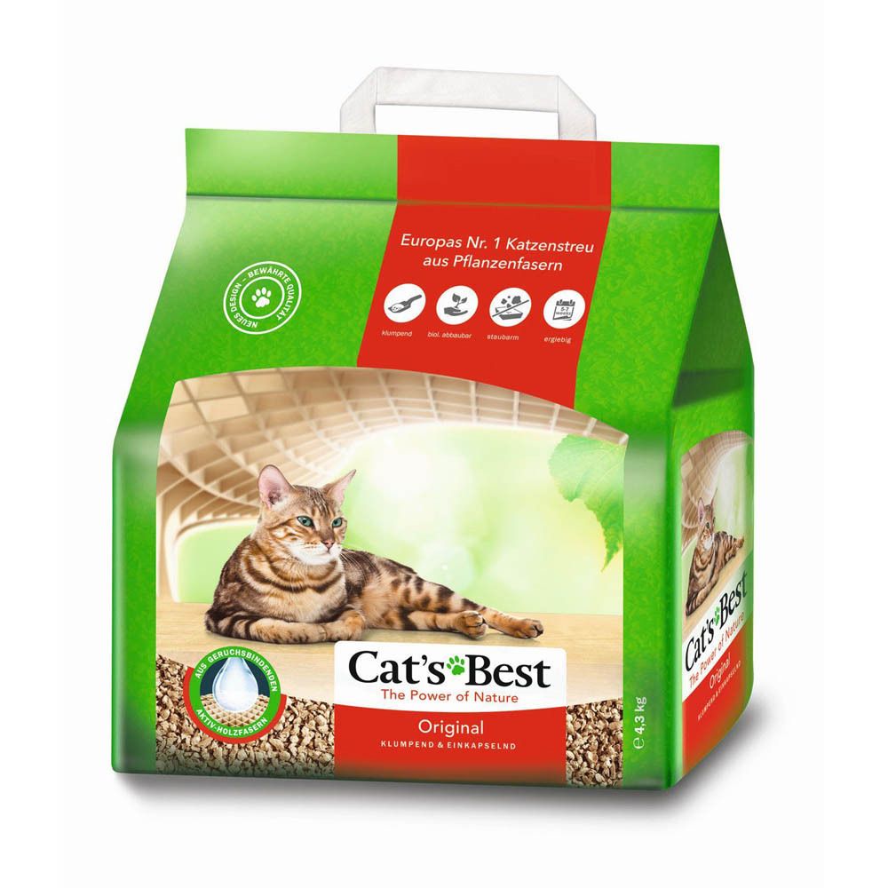 Litière pour chat Cat's Best Original, sac de 43kg avec image de chat et caractéristiques du produit.