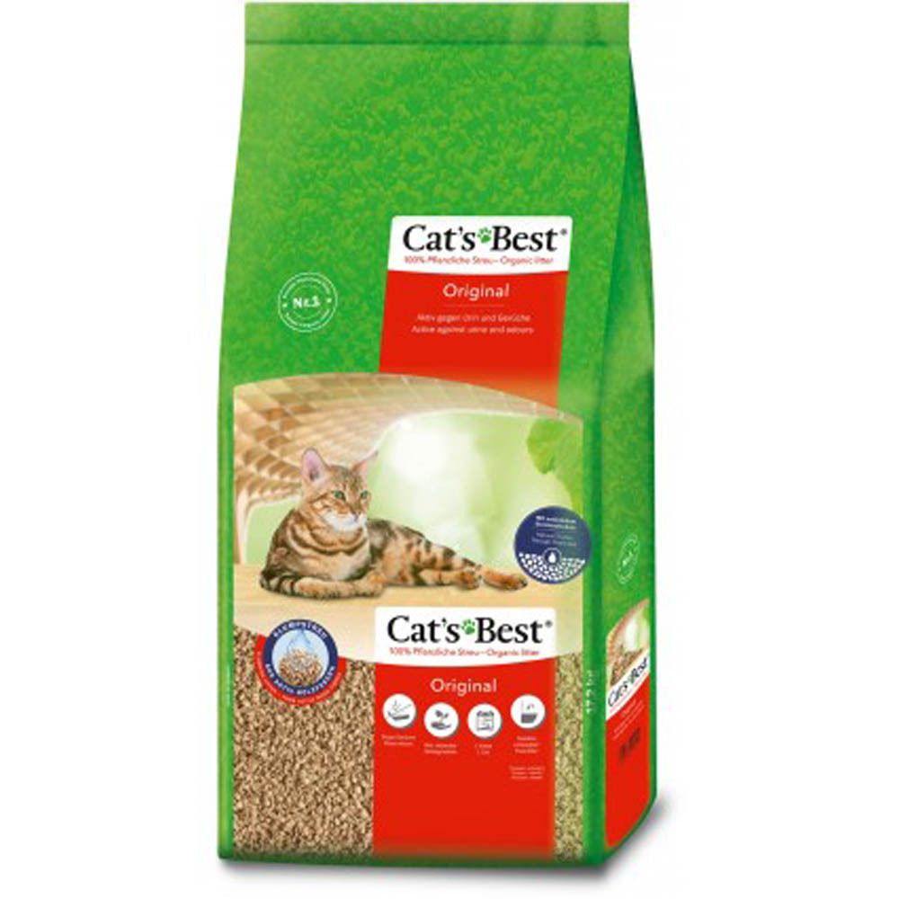 Sac vert de litière pour chat "Cat's Best Original" avec un chat sur le devant.