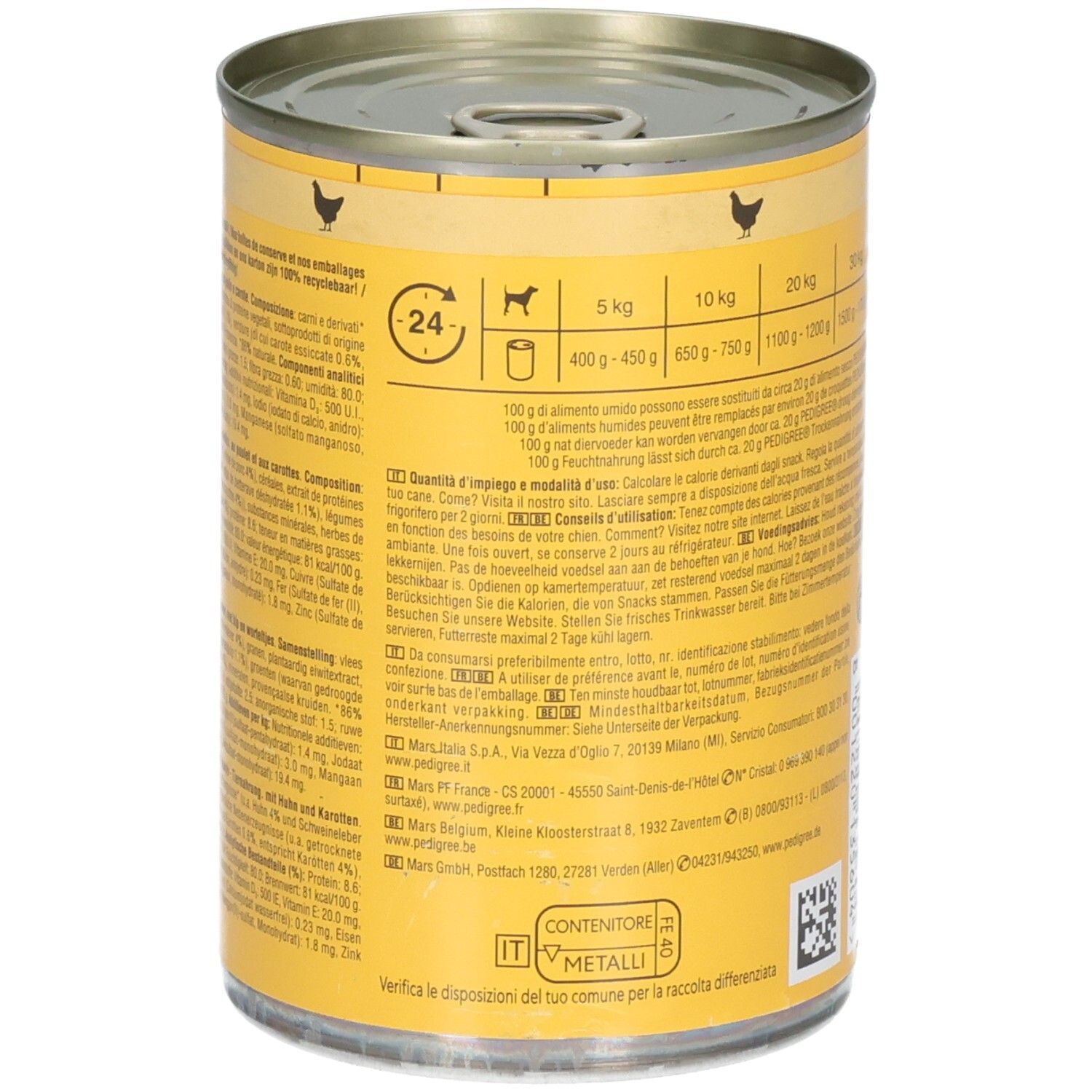 Côté d'une boîte de nourriture pour chien Pedigree avec recommandations d'alimentation et ingrédients.